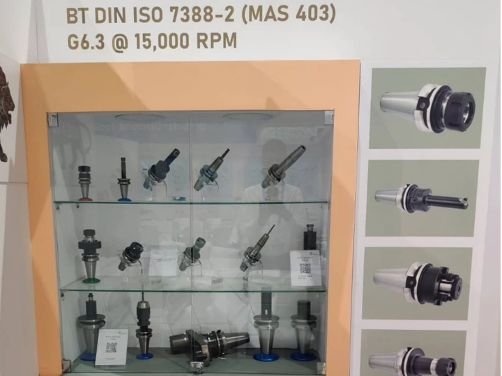BT DIN ISO 7388-2 tool holders displayed by Falcon Toolings at IMTEX 2023