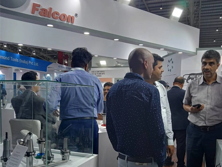 Falcon Toolings team engaging with visitors at IMTEX 2023 show