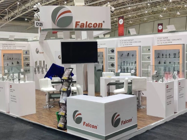 Falcon Toolings booth at IMTEX 2023 exhibition with visitors and displays